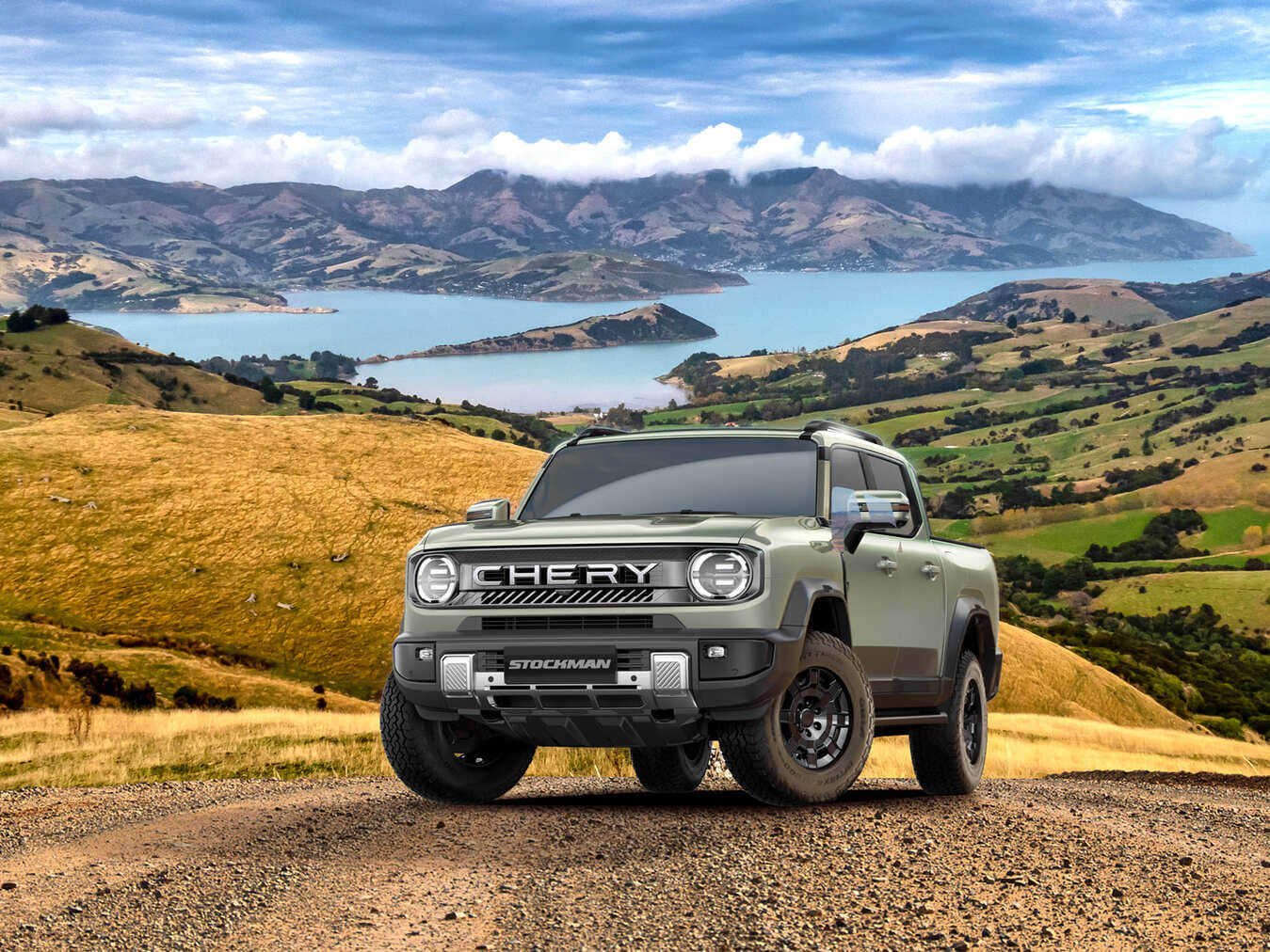 Chery Stockman diesel plug-in hybrid ute testing on a New Zealand road in official Chery imagery